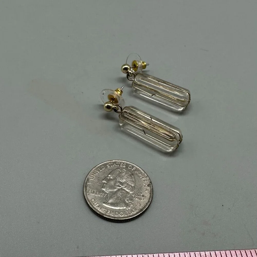 3/$30 Vintage Clear Earrings Gold Tone Acrylic Pillar Dangle Mod Retro 1.25